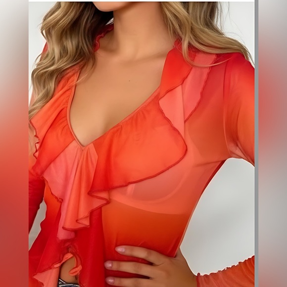 Mesh Tye Dye Printed Long Ruffled Top - Picture 4 of 7